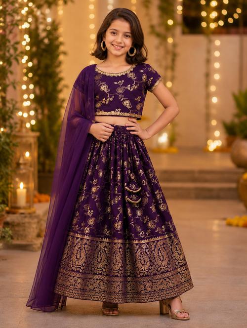 girls self design short sleeve lehenga choli set - 22518177 - Very Small Image - 1