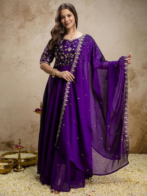 women embroidered short sleeve anarkali gown with dupatta - 22518537 - Very Small Image - 1