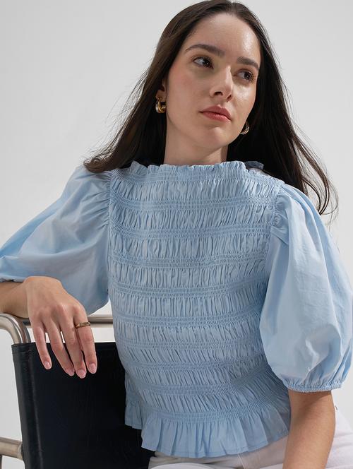 women solid puff sleeves ruched top - 22526987 - Very Small Image - 1