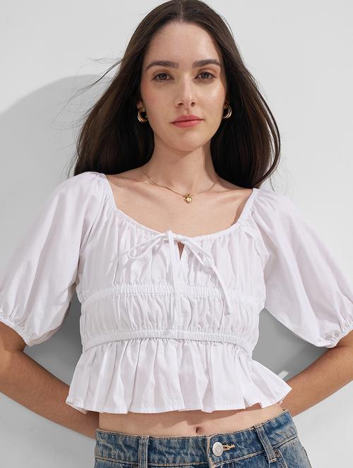 women solid puff sleeves smocked crop top - 22526988 - Very Small Image - 1