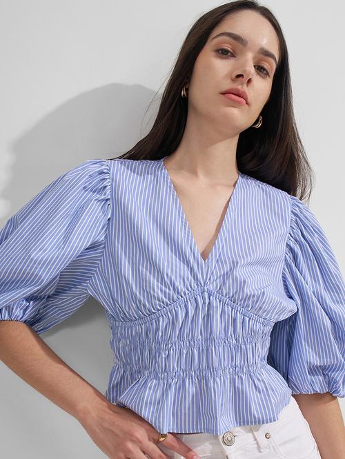 women printed puff sleeves smocked crop top - 22526989 - Very Small Image - 1