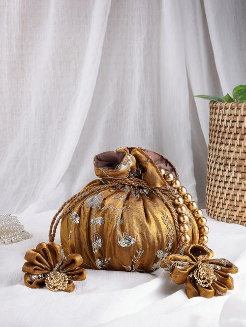 Embellished Floral Faux Silk Ethnic Potli Bag With Drawstring Closure - 22528955 - Very Small Image - 1