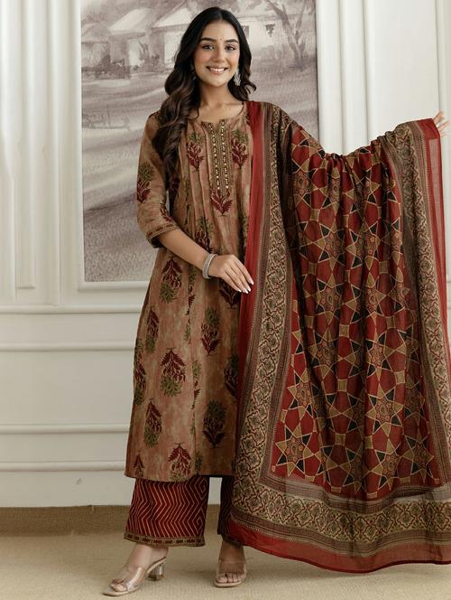 Women Printed Three Quarter Sleeve Kurta Palazzo With Dupatta Set - 22542030 - Very Small Image - 1