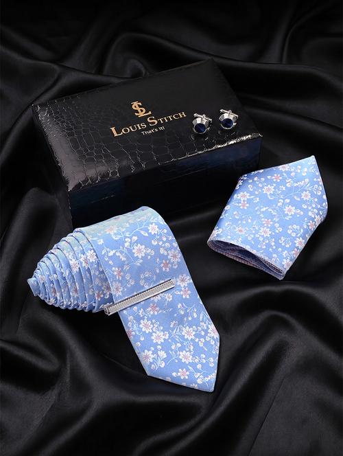blue floral tie pocket square cufflink combo set - 22550363 - Very Small Image - 1