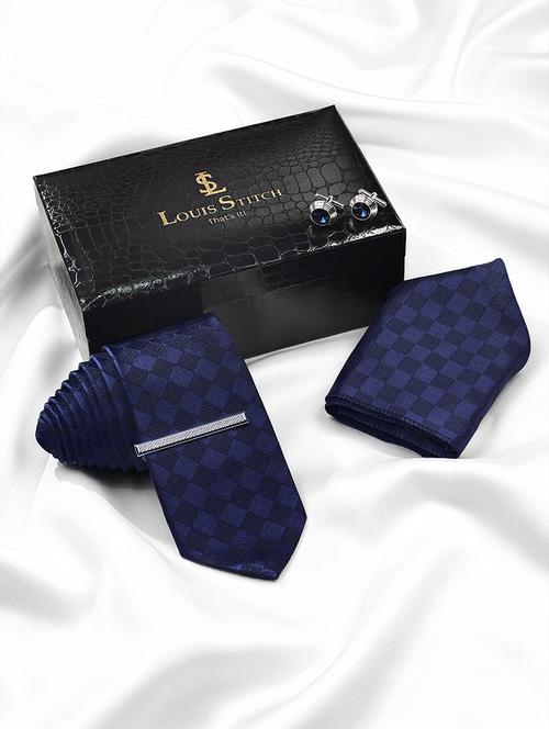 blue checkered tie set with cufflinks pocket square - 22550365 - Very Small Image - 1