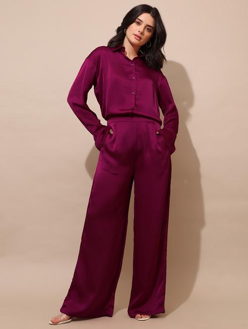 women solid long sleeves shirt and trouser co-ord set - 22554103 - Very Small Image - 1