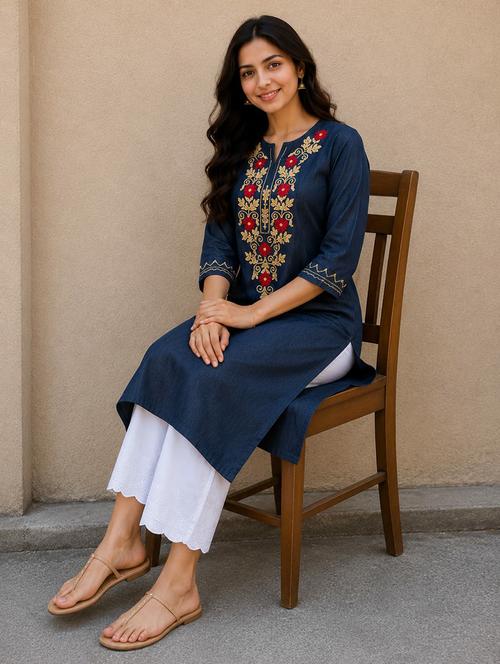 women embroidered three quarter sleeve straight kurta - 22554855 - Very Small Image - 1