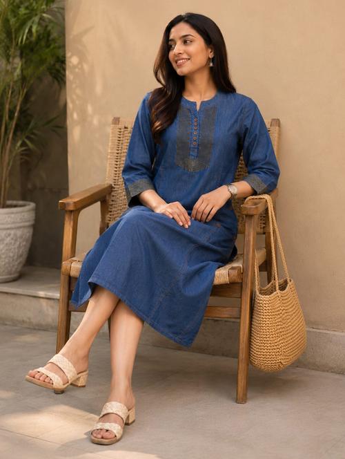 women embroidered three quarter sleeve a-line ethnic dress - 22554865 - Very Small Image - 1