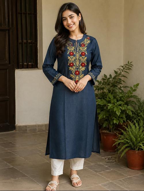 women embroidered three quarter sleeve straight kurta - 22554866 - Very Small Image - 1