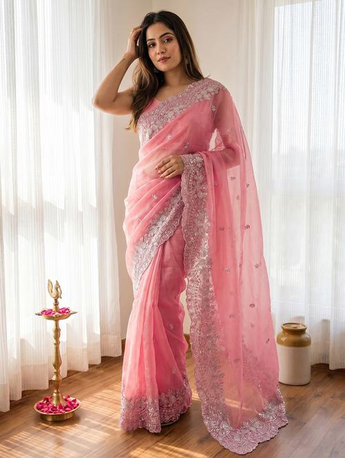 women solid with work embroidered saree with blouse - 22563052 - Very Small Image - 1