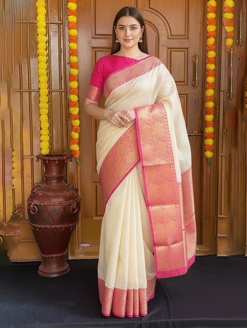 Women Solid With Bordered Saree With Blouse - 22566300 - Very Small Image - 1