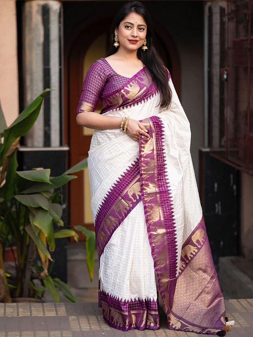 Women Checkered Bordered Saree With Blouse - 22566436 - Very Small Image - 1