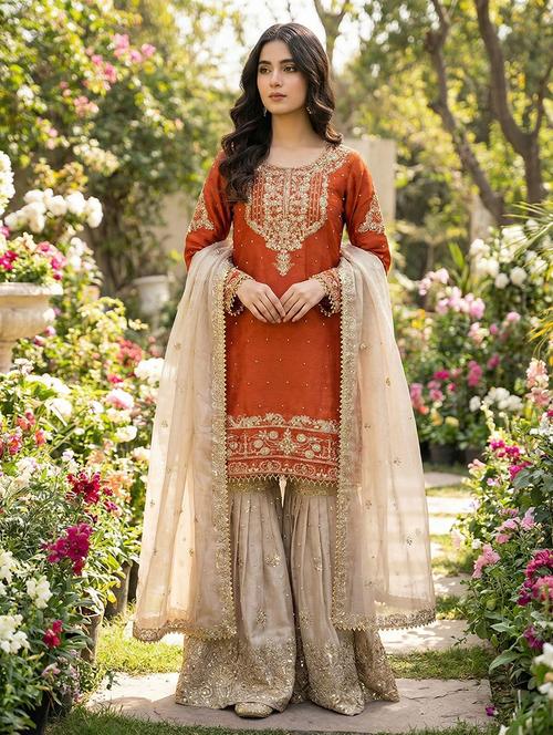 Women Embroidered Long Sleeves Kurta Sharara Set With Dupatta - 22579720 - Very Small Image - 1