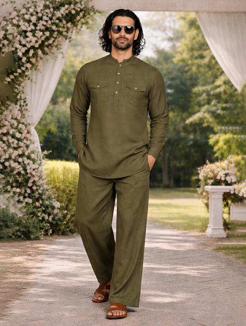 men solid mandarin neck kurta pyjama set - 22580372 - Very Small Image - 1