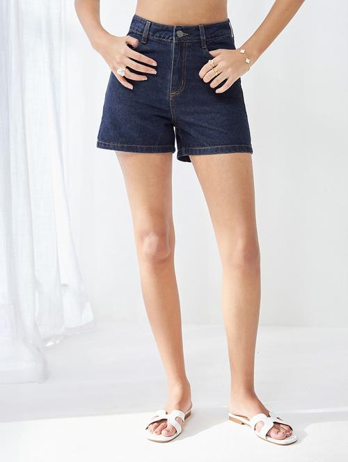 women solid high rise denim shorts - 22587718 - Very Small Image - 1