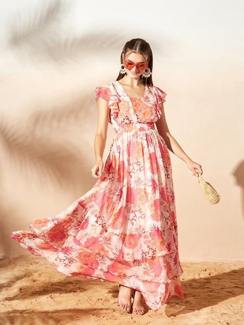 Women Printed Ruffle Sleeves Tiered Dress - 22587774 - Very Small Image - 1