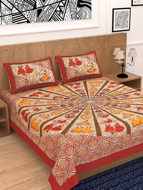 kivo bedsheets 100% pure cotton jaipuri print double bedsheet with 2 pillow covers-size 85x90 inchs - 22593793 - Very Small Image - 1