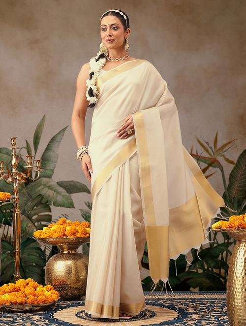 women solid with bordered kasavu saree with blouse - 22593815 - Very Small Image - 1