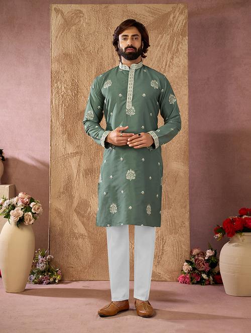 Men Solid With Work Mandarin Neck Kurta Pyjama Set - 22594487 - Very Small Image - 1
