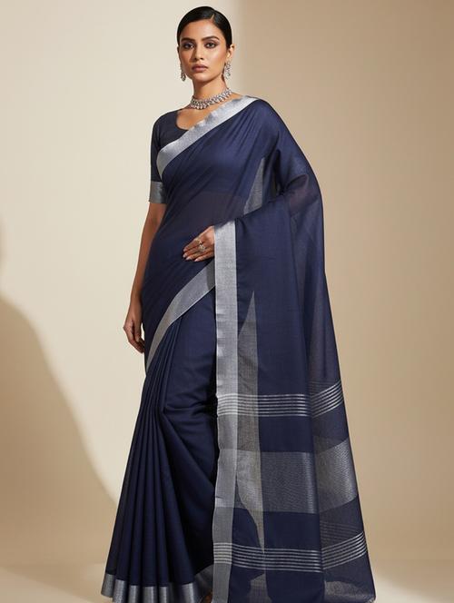 Women Solid With Bordered Handloom Saree With Blouse - 22606392 - Very Small Image - 1