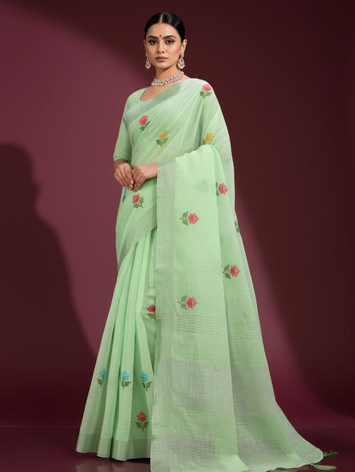 Women Solid With Work Embroidered Saree With Blouse - 22606393 - Very Small Image - 1