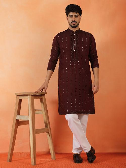 men solid with work mandarin neck long kurta - 22619250 - Very Small Image - 1