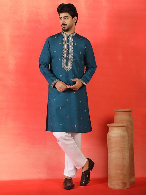 men solid with work mandarin neck long kurta - 22619266 - Very Small Image - 1