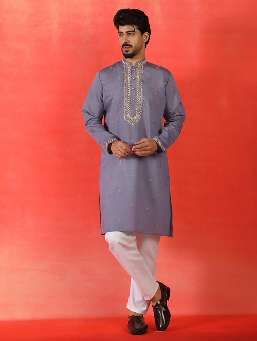 men solid with work mandarin neck long kurta - 22619268 - Very Small Image - 1
