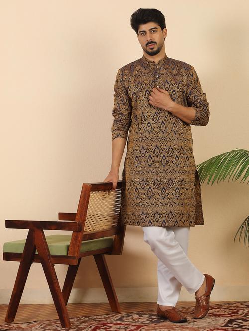 men self design mandarin neck long kurta - 22619280 - Very Small Image - 1