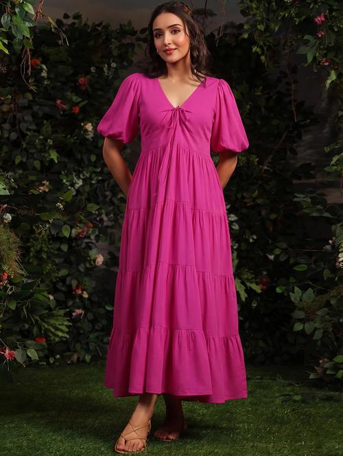 Women Solid Puff Sleeves Tiered Dress - 22640388 - Very Small Image - 1