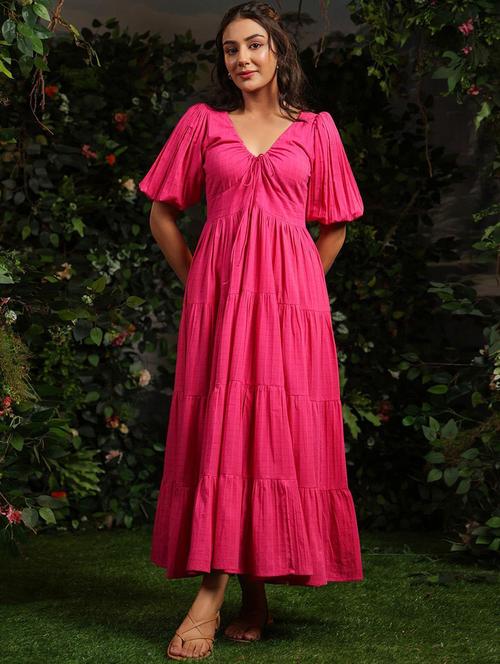 Women Self Design Puff Sleeves Tiered Dress - 22640389 - Very Small Image - 1