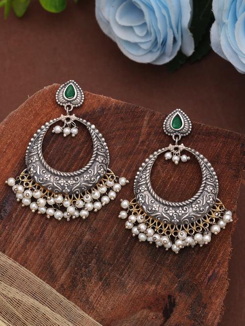 Women Oxidised Dual Tone Green Stone Chandbali - 22720174 - Very Small Image - 1
