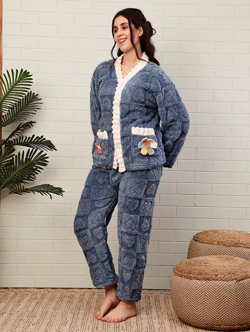 Women Self Design Long Sleeves Pyjama Set - 22723252 - Very Small Image - 1