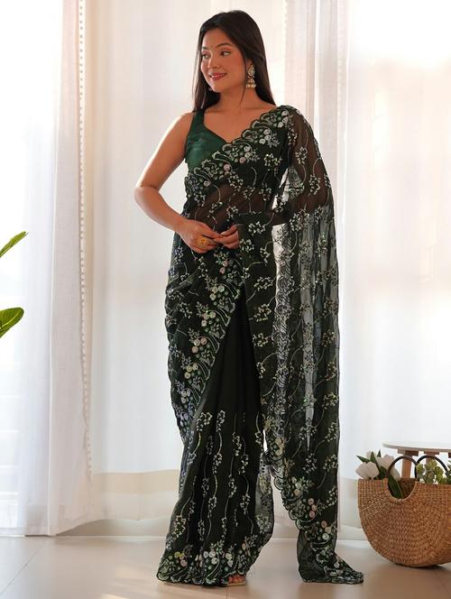 Women Solid With Work Embellished Saree With Blouse - 22727063 - Very Small Image - 1