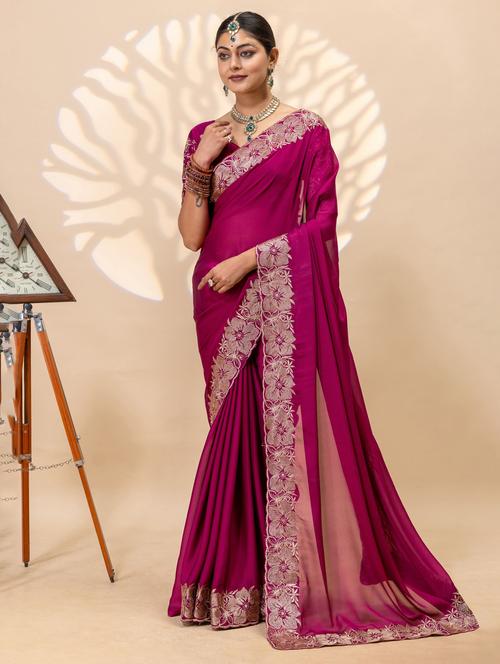 Women Solid With Bordered Saree With Blouse - 22729073 - Very Small Image - 1