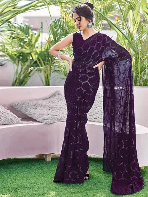 Women Solid With Work Embellished Saree With Blouse - 22738576 - Very Small Image - 1