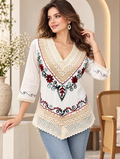 Women Embroidered Three Quarter Sleeves Regular Top - 22748846 - Very Small Image - 1
