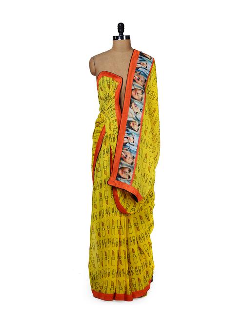 Yellow Printed Saree with blouse - 26704 - Very Small Image - 1