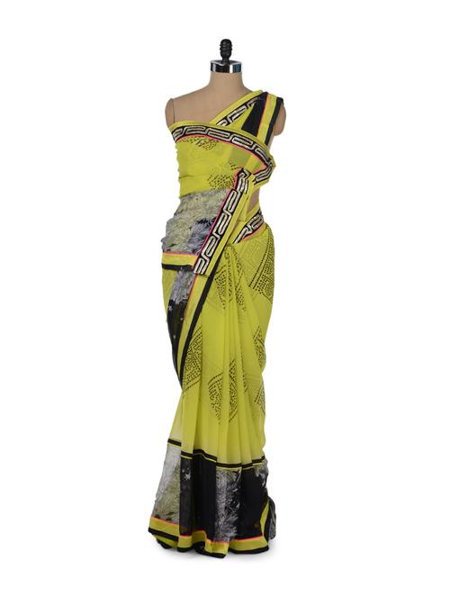 Fluroscent & Black Printed Designer Saree - 35063 - Very Small Image - 1