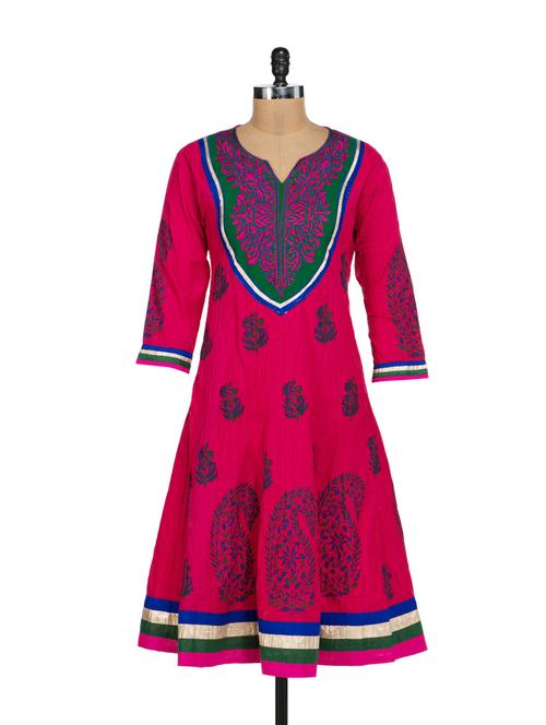 embroidered pintuck pink a- line kurta - 39701 - Very Small Image - 1