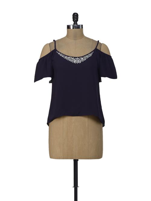 Purple Embellished Cut Out Shoulder Top - 41558 - Very Small Image - 1