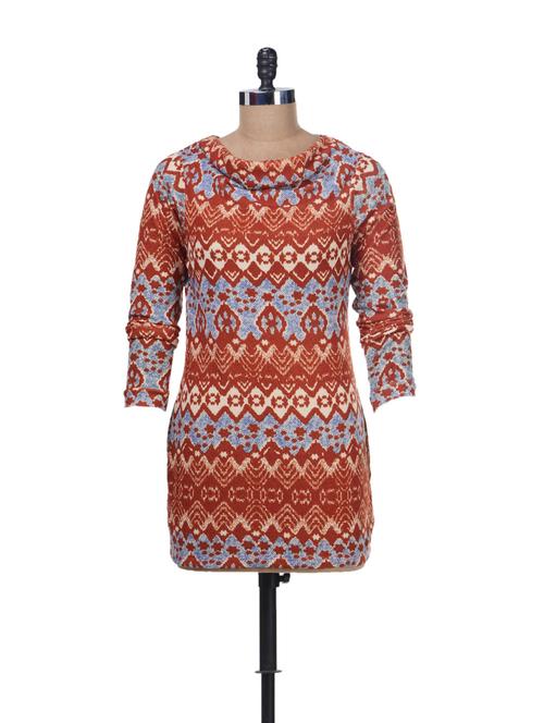 Orange Printed Cowl Neck Tunic - 46751 - Very Small Image - 1