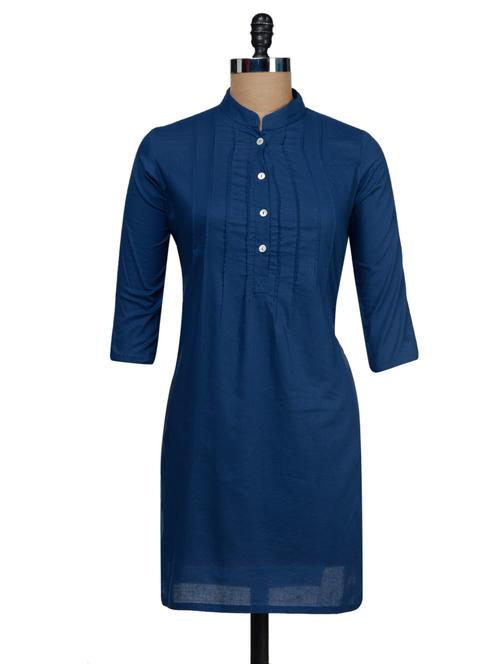 Blue Pleated Cotton Regular Kurta - 48367 - Very Small Image - 1