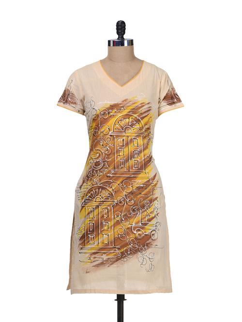 beige handpainted kurta - 54726 - Very Small Image - 1