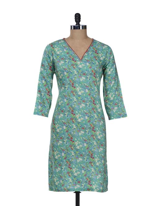 chic sea green floral kurta - 54966 - Very Small Image - 1