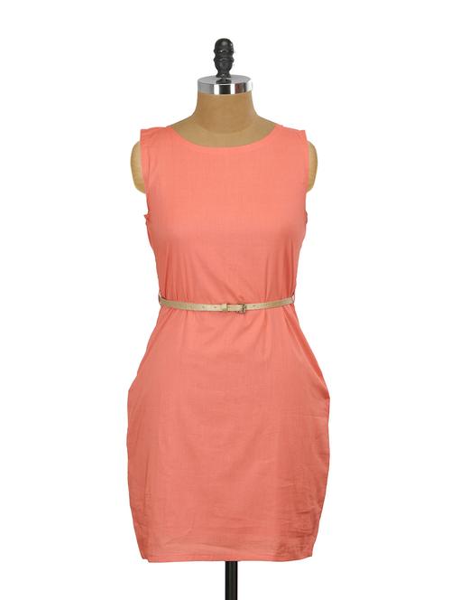 coral cotton dress with sparkling gold belt - 60469 - Very Small Image - 1