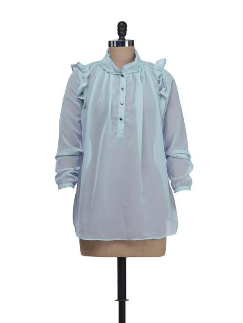 sheer cobalt blue top with ruffled shoulders - 60865 - Very Small Image - 1