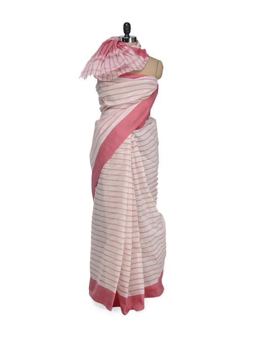 simple striped saree in red and off white - 61252 - Very Small Image - 1