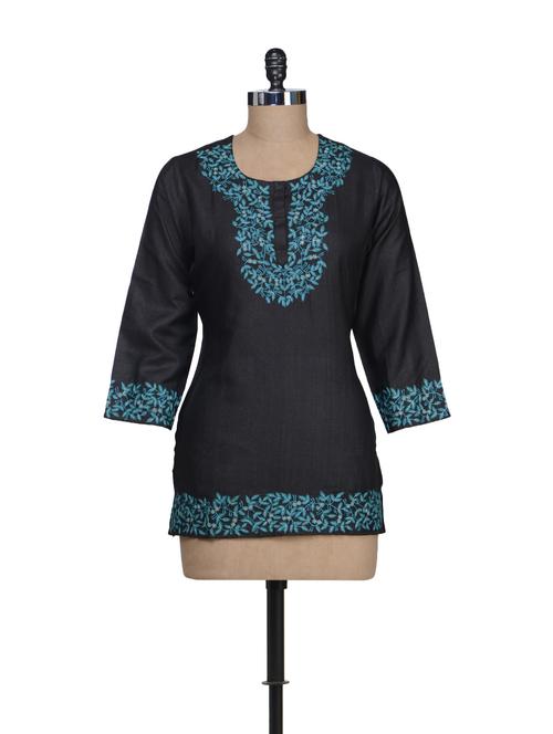 black & blue embroidered kurti - 61687 - Very Small Image - 1