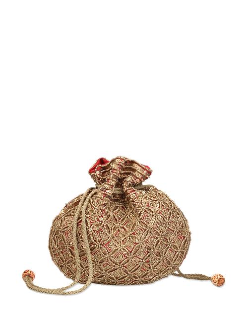Sequined Red and Golden Potli Bag - 62958 - Very Small Image - 1
